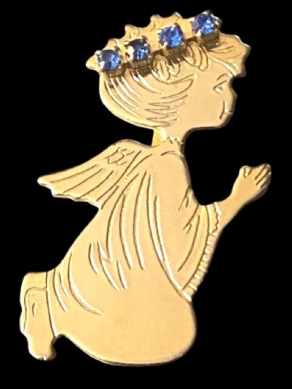 Vintage Gold Tone Praying Angel Brooch  Pin With Blue Rhinestones Accents
